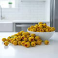 Spilanthes acmella Toothache Plant flower heads on a white kitchen bench