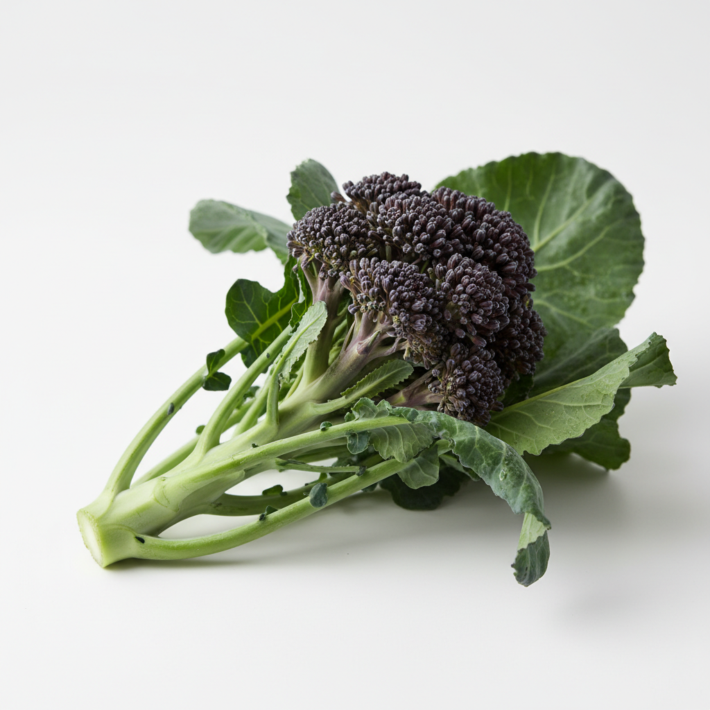 Fresh purple sprouting broccoli with deep violet florets and green leaves