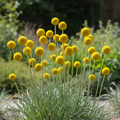 Craspedia globosa Billy Buttons with bright vivid yellow drumstick blooms on tall slender stems with thin strappy silvery green leaves at the base