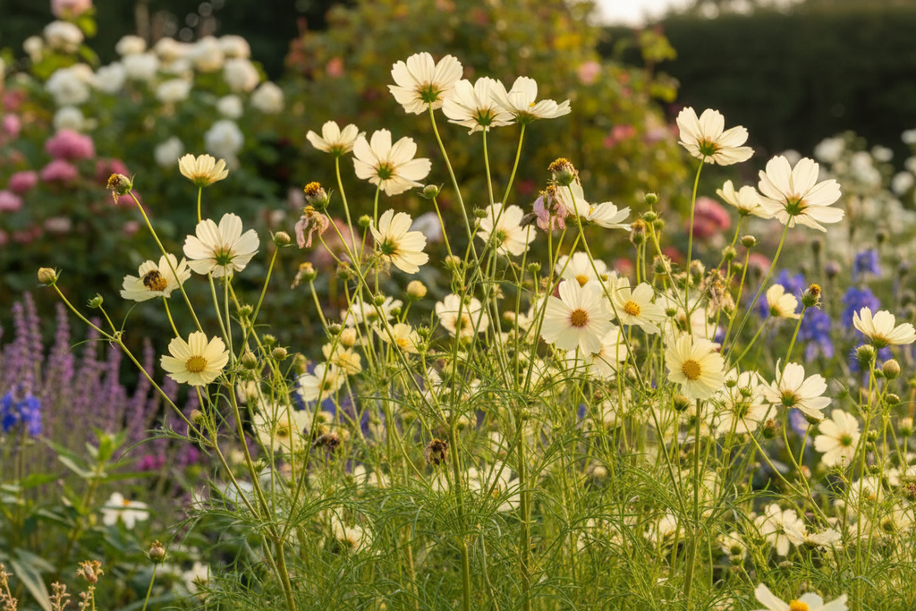 Cosmos bipinnatus Lemonade — soft creamy pale yellow single blooms with blush-pink centre growing in an airy cottage garden border with buds and feathery green foliage
