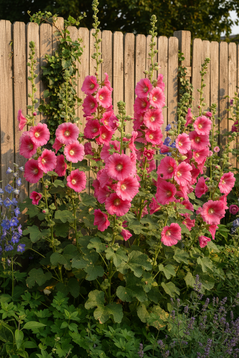 Tall spires of bright pink Alcea rosea hollyhock blooms growing against a rustic fence in a sunny cottage garden