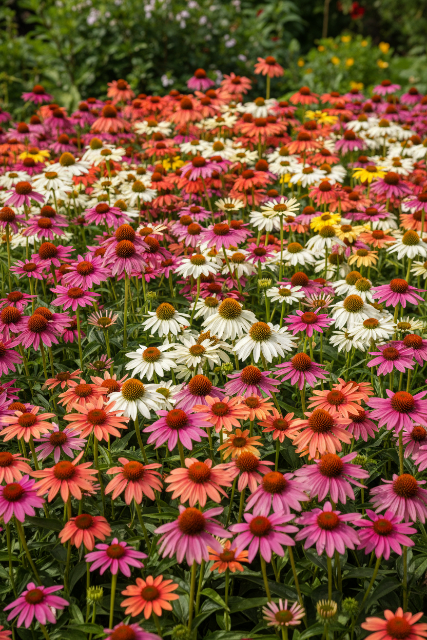Echinacea Lustre Mix — Echinacea purpurea, vibrant mixed coneflower blooms in purple, coral, pink, white and yellow