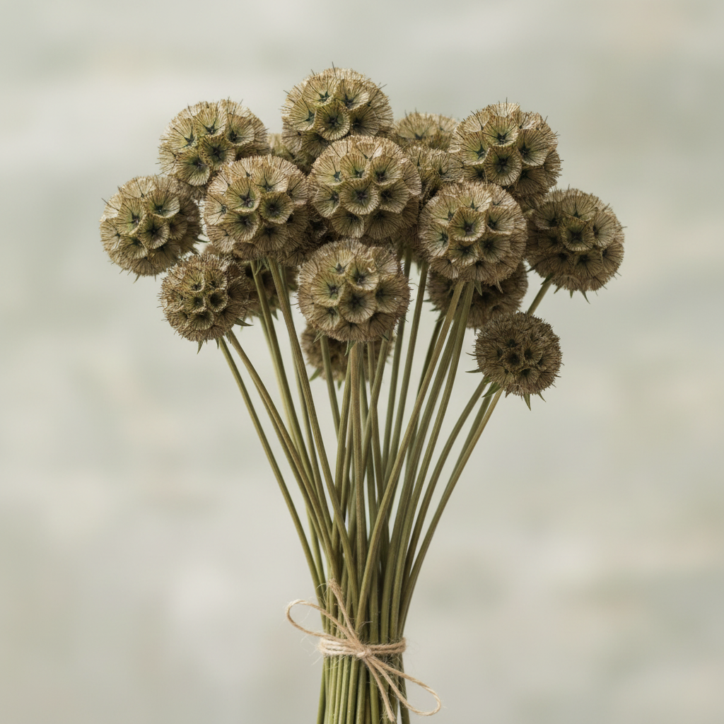 Scabiosa stellata Starball — bundle of spherical geometric seed heads on long slender stems, bronze-green tones