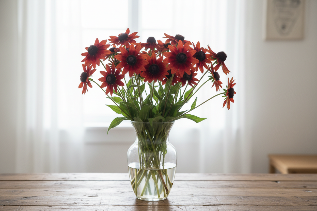 Rudbeckia hirta Cherry Brandy — tall long-stemmed cut flowers with vivid cherry-red petals and dark near-black cones in a clear glass vase, beautifully lit in front of bright white sheer curtains