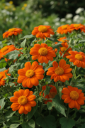 Tithonia rotundifolia Mexican Sunflower — rich deep orange blooms with fluffy golden centres growing in a cottage garden border