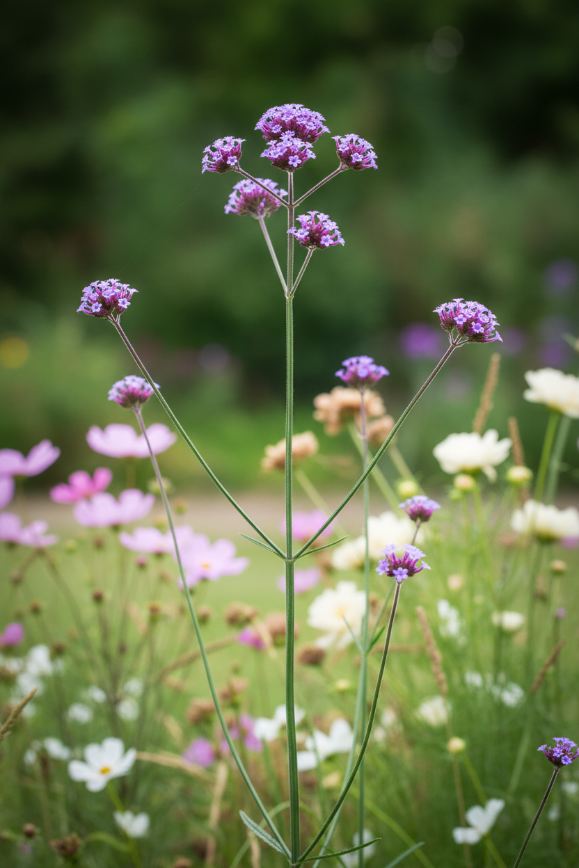 Verbena bonariensis — tall wiry airy stems with tight clusters of tiny vivid purple-violet florets in a cottage garden border, other plants visible through the transparent stems