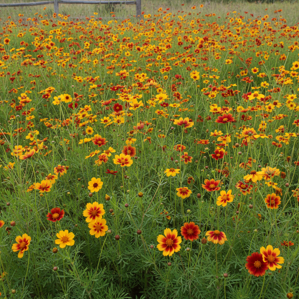 Coreopsis tinctoria Plains Coreopsis wildflower meadow with a rich mix of golden yellow, orange, mahogany red and bicoloured daisy-like blooms