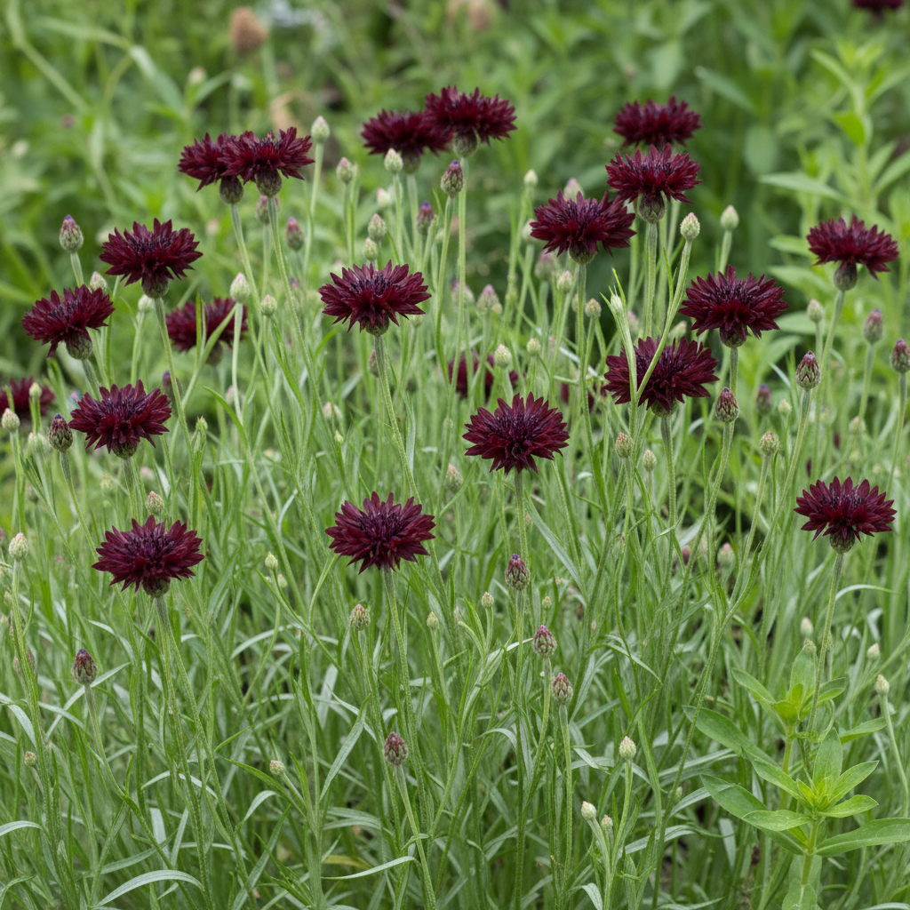 Centaurea cyanus Cornflower Blackball with classic cornflower-shaped blooms in deep dark burgundy-black growing in a cottage garden border