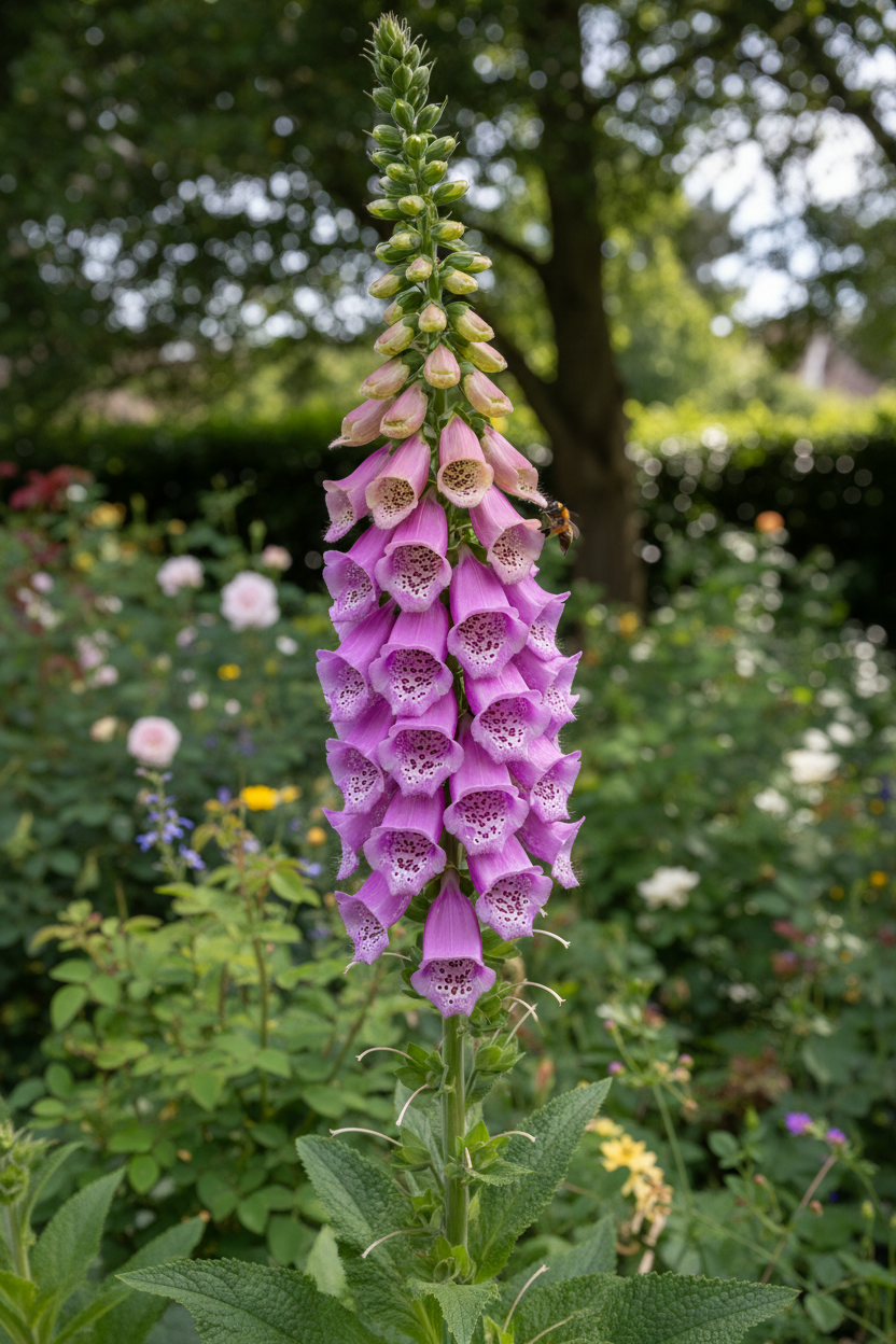 Foxglove Lilac — Digitalis purpurea, soft lilac-purple spires in a cottage garden