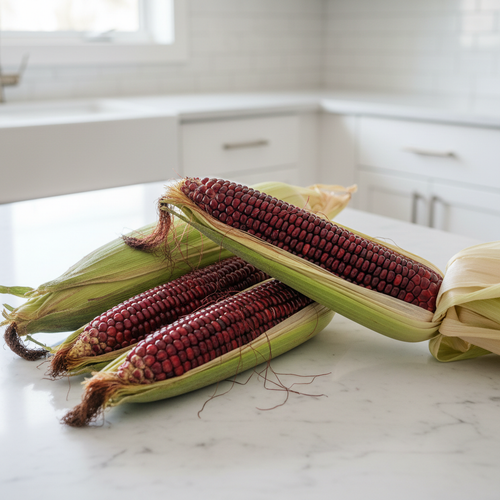 Bloody Butcher heirloom corn cobs with deep blood-red kernels, husks peeled back on a white kitchen bench