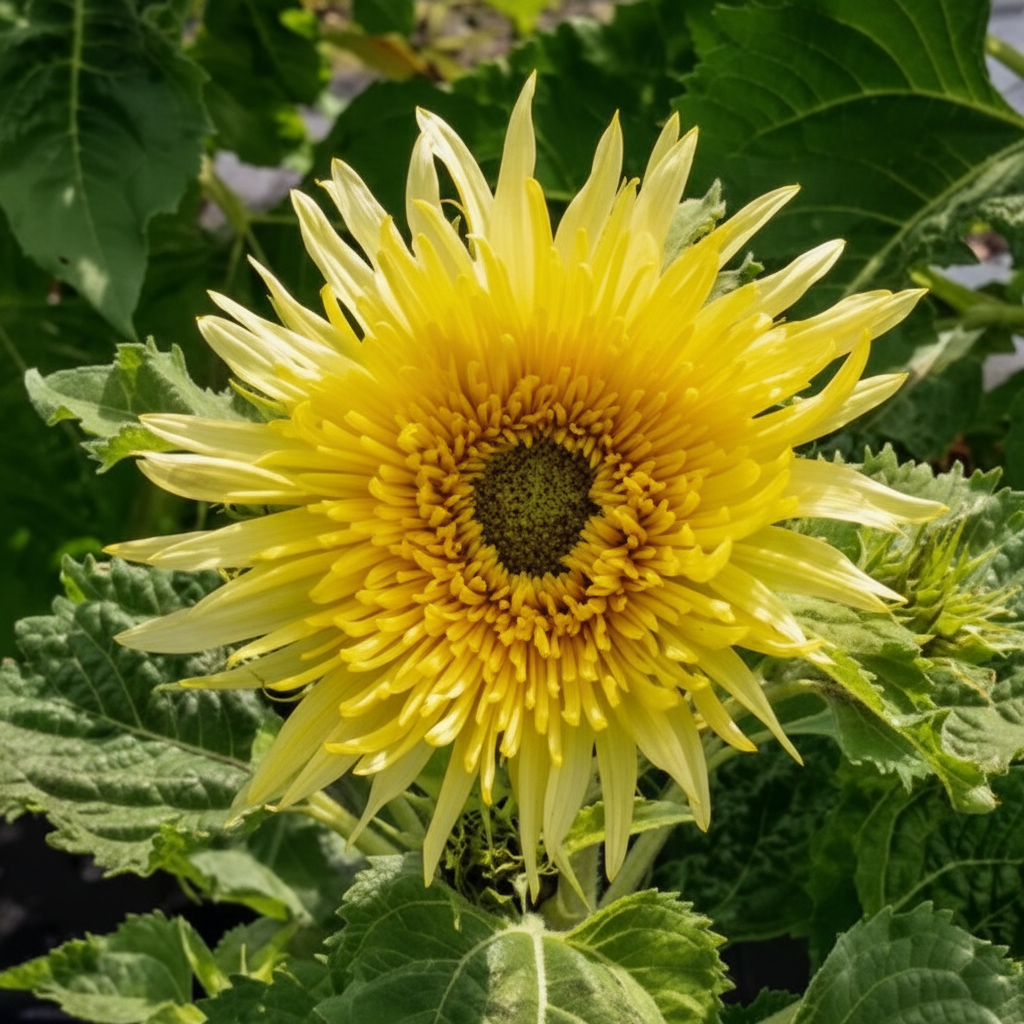 Helianthus annuum Little Lemon Cutie — dwarf double sunflower with long outer lemon yellow ray petals and shaggy ruffled inner petals surrounding a small green-brown centre