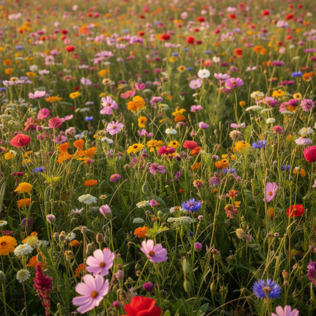 A lush cottage garden wildflower meadow in full bloom with calendula, nasturtiums, cosmos, poppies, cornflowers, zinnias, nigella and more