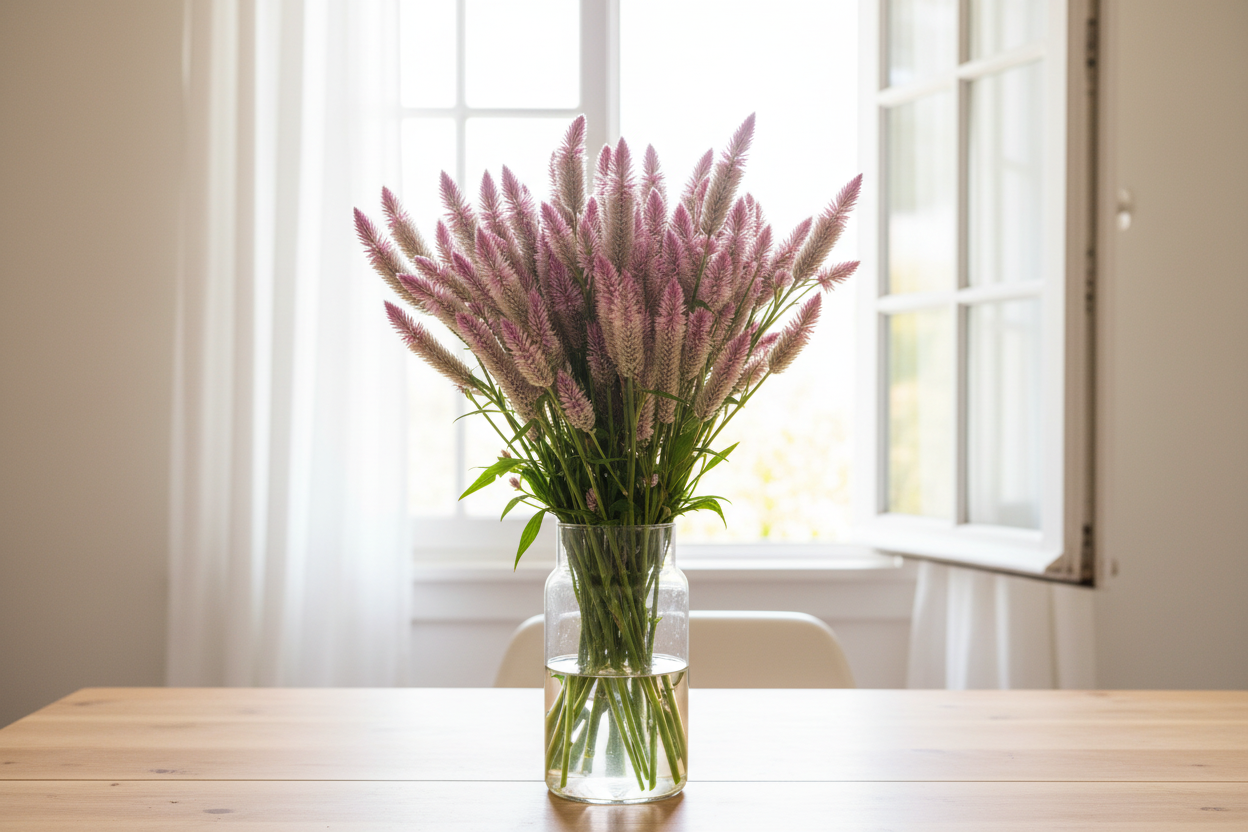 Celosia spicata Flamingo Feather — soft pink-mauve spiky plumes fading to creamy white tips in a clear glass vase in front of a bright window with white sheers slightly open