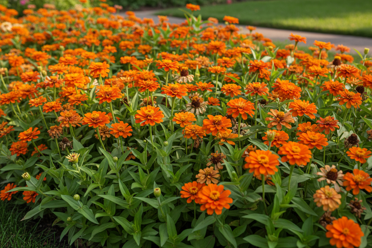 Zinnia x angustifolia Profusion Orange — compact border planting showing plants at different stages from bud to vivid orange bloom to fading apricot-gold, warm summer light