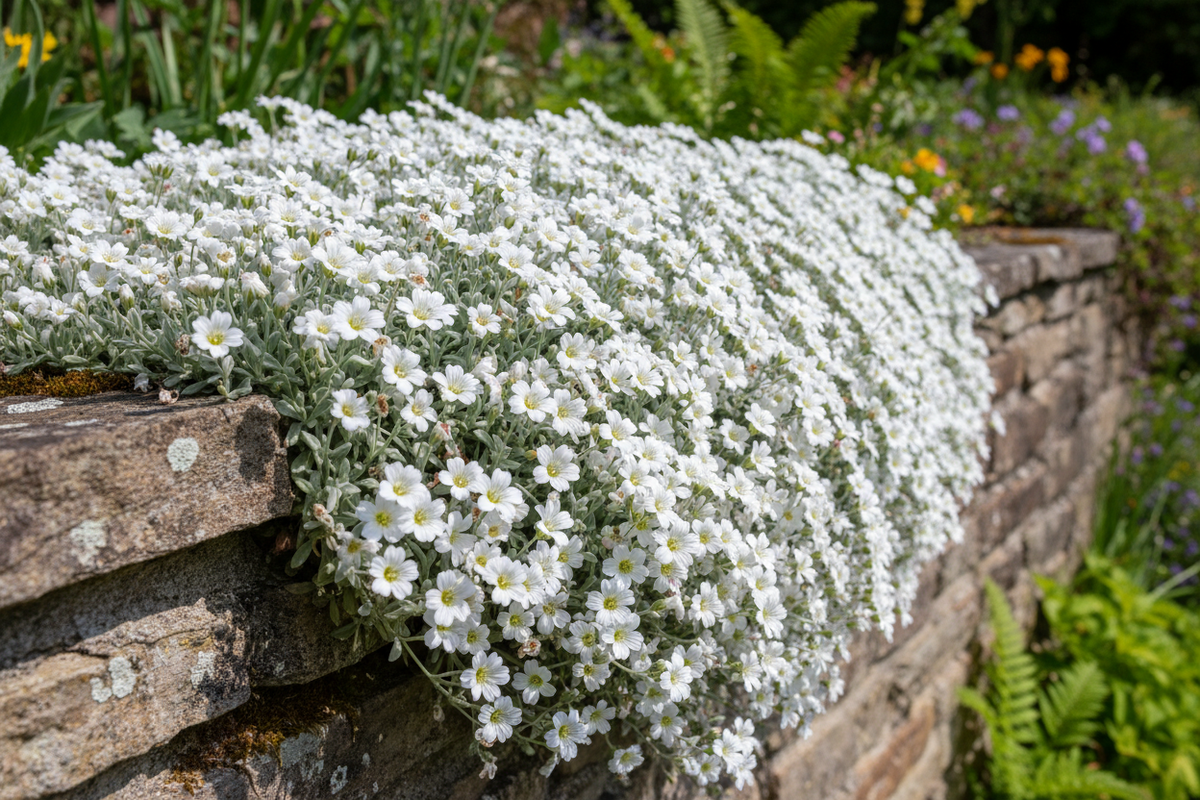 Cerastium tomentosum Snow in Summer cascading over a stone wall in full bloom