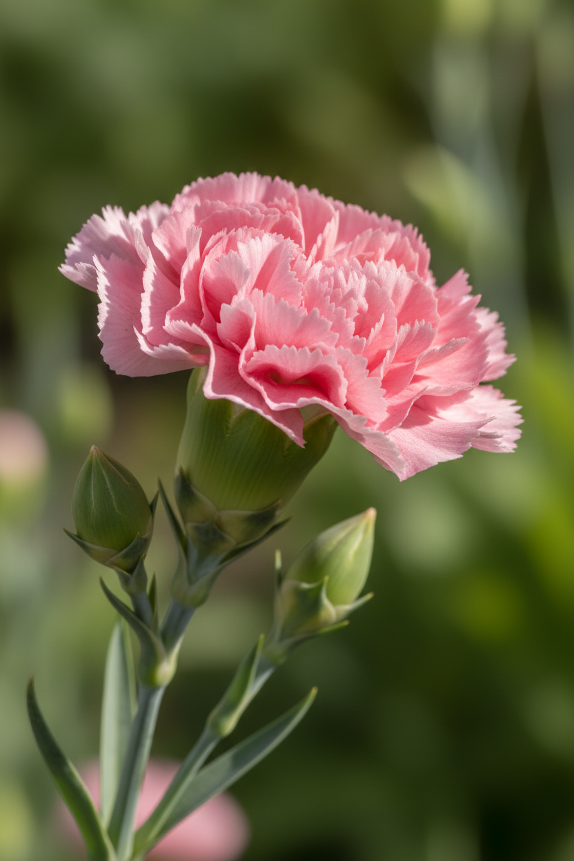 Dianthus caryophyllus Chabaud La France — close-up side angle portrait of a single fully open soft rose-pink ruffled carnation bloom showing petal detail and green calyx