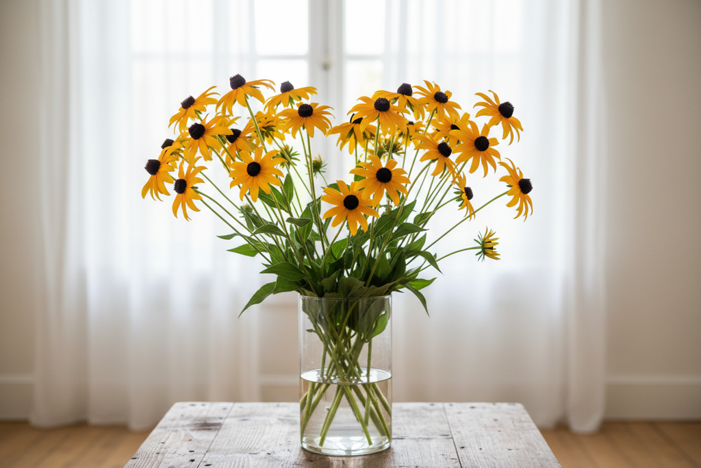 Rudbeckia fulgida Goldsturm black-eyed Susan — tall long-stemmed cut flowers in a clear glass vase, golden-yellow daisy flowers with dark brown-black cones, natural garden-fresh arrangement in front of bright white sheer curtains
