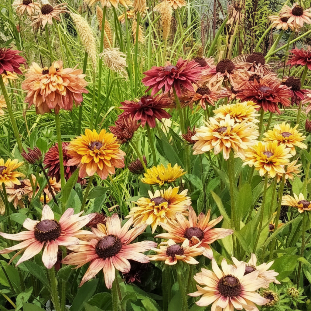 Rudbeckia hirta Sahara — mixed warm tones including burgundy, golden-orange and creamy bicolour flowers with dark central cones