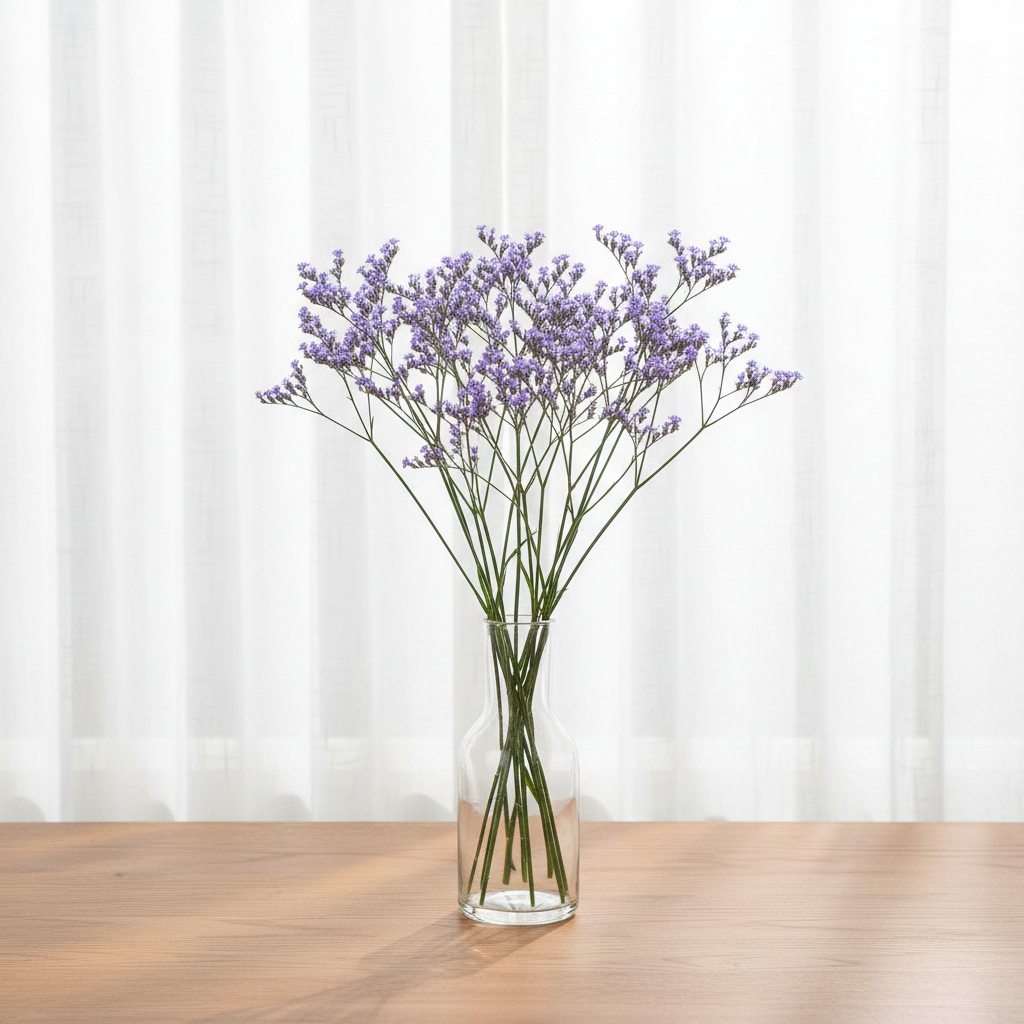 Ten stems of Sea Lavender in a clear glass vase on a wooden table in front of a bright window with closed white sheer curtains