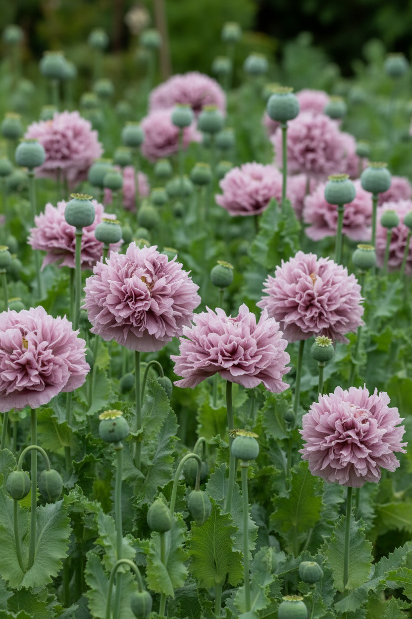 Ornamental double peony-form lilac-mauve blooms with nodding buds and tall glaucous seed pods growing in a lush cottage garden border