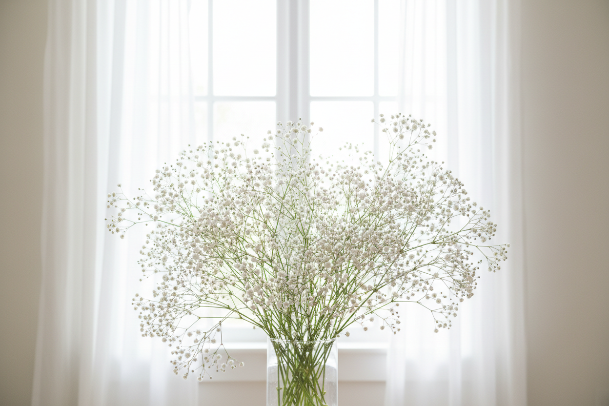 Gypsophila paniculata Baby's Breath — abundant cloud-like bunch of tiny delicate white flowers on fine branching stems in a clear glass vase in front of bright white sheer curtains