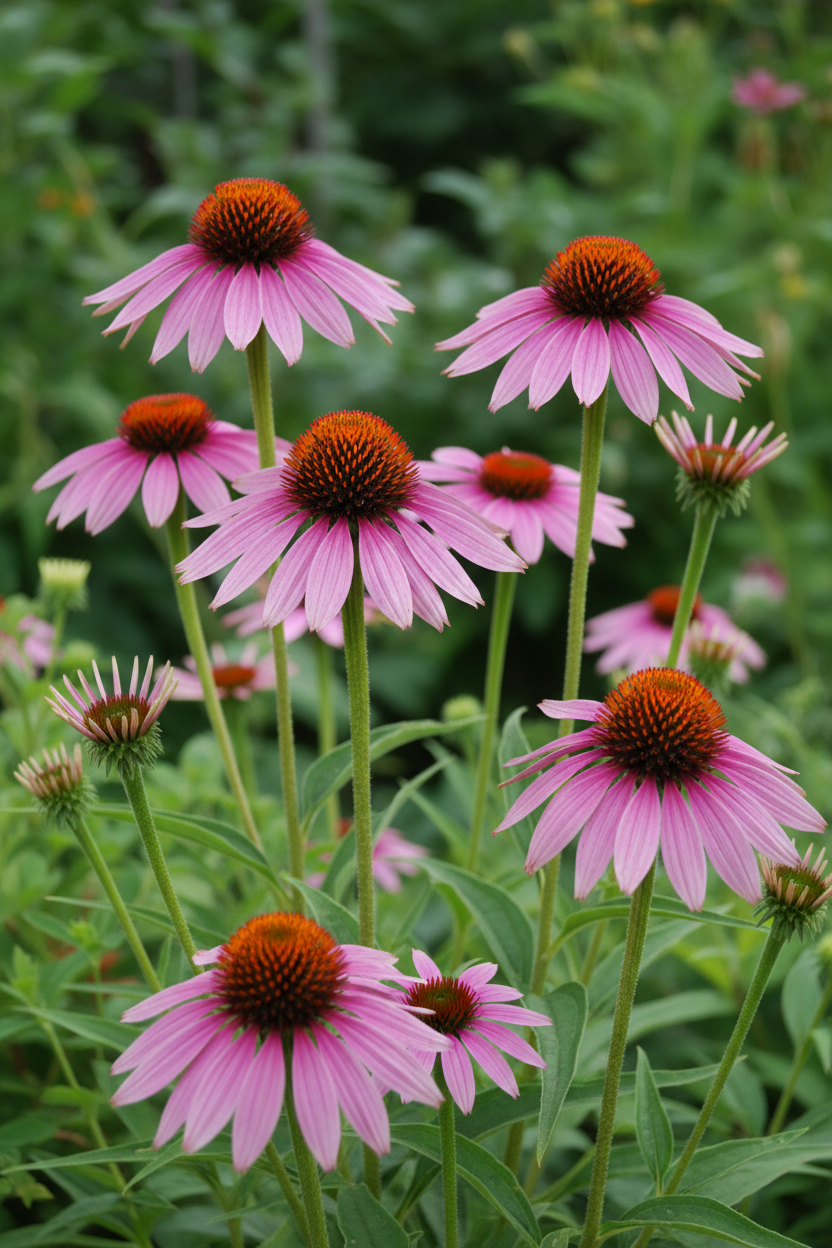 Purple Coneflower — Echinacea purpurea, bold rosy-purple blooms with spiky orange-brown cones in a cottage garden