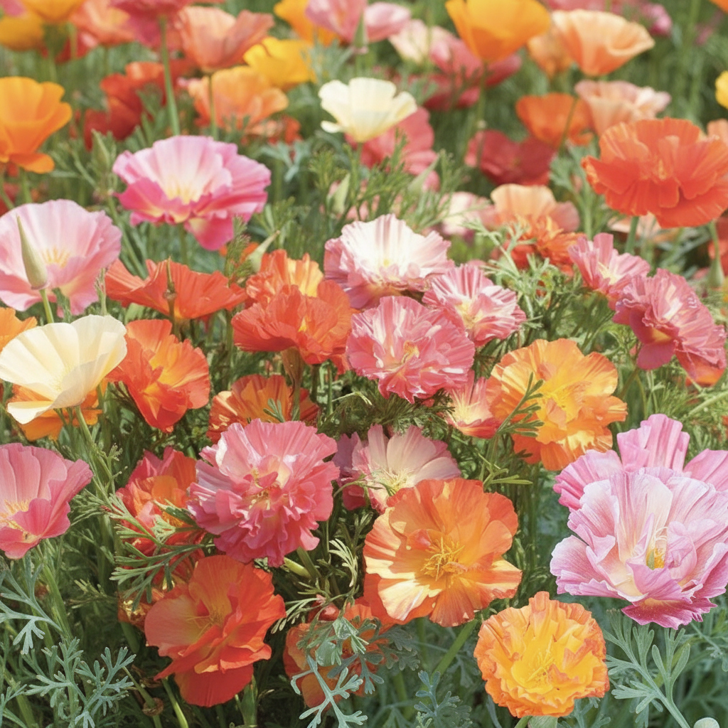 Jelly Beans California poppy Eschscholzia californica mix growing in a sunny garden