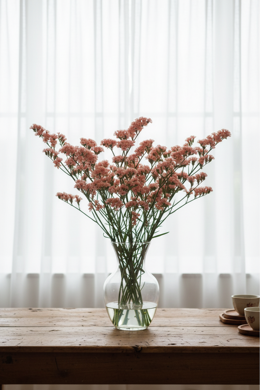 Limonium sinuatum Apricot statice, 15 stems fanning out in a wide-mouthed vase with loose sheer curtains behind, soft apricot-salmon papery flowers on delicate branching stems