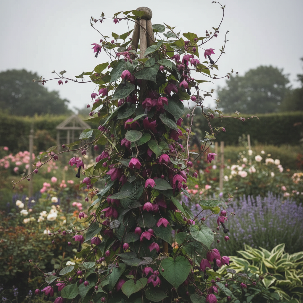 Rhodochiton atrosanguineum Purple Bells Vine with deep magenta and dark purple-black bells twining through a garden support on a soft overcast day