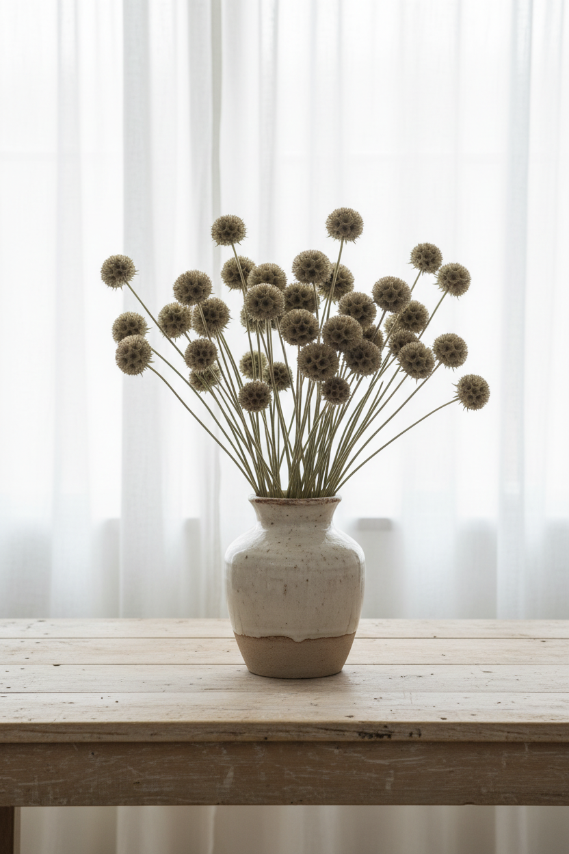 Scabiosa stellata Starball dried seed pods, approximately 30 stems in a wide rustic ceramic vase, loose and airy arrangement at varying heights with sheer curtains behind