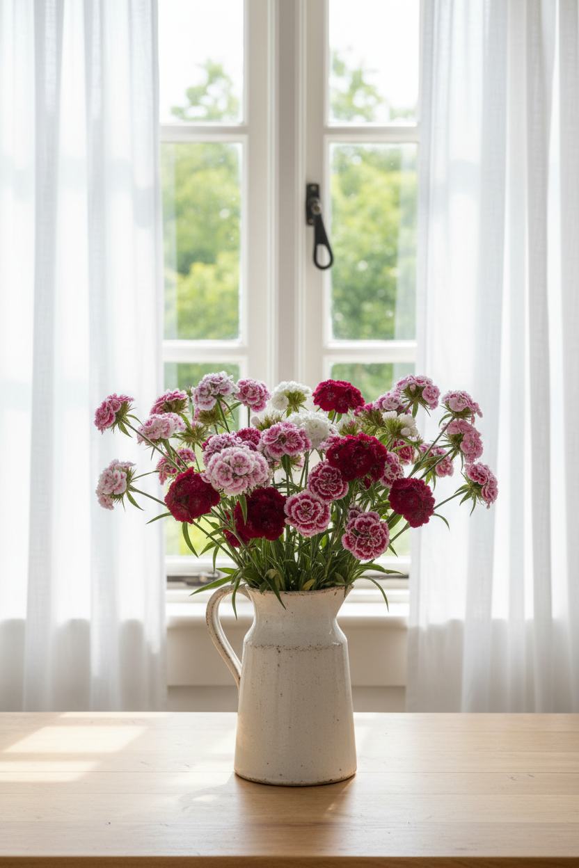Dianthus barbatus Sweet William Mix, 20 stems in a rustic white ceramic jug on a table in front of a bright window with loose white sheers, dense clusters of mixed red, pink, white and bicolour blooms