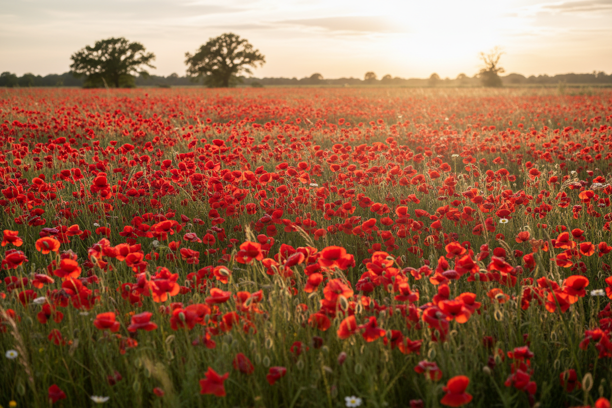 Red Flanders field poppies growing wild in a sweeping open field