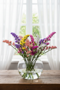 Limonium sinuatum Pacific Mix statice, 30 stems in a wide-opening globe fishbowl glass vase, vibrant mix of purple, pink, white, apricot, yellow and lavender blooms with characteristic winged stems, loose sheer curtains behind