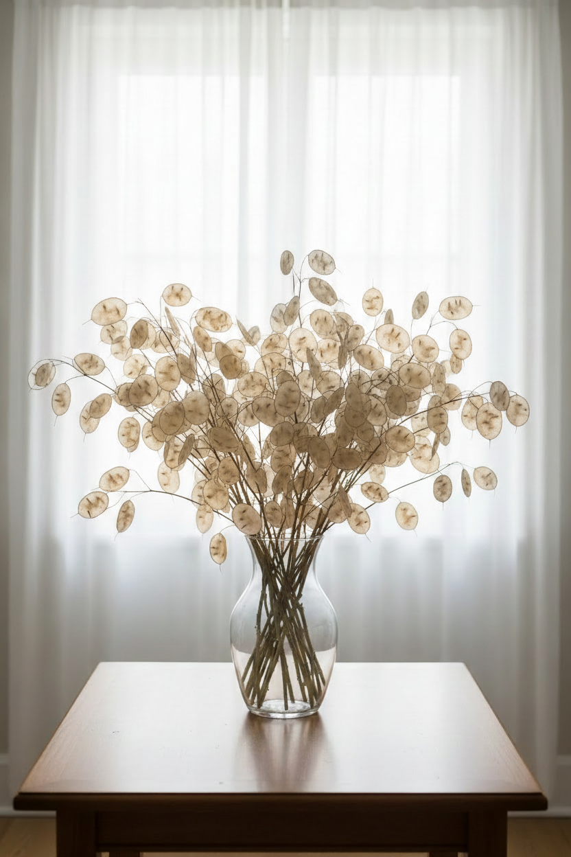 Lunaria annua Honesty dried seed pods with warm creamy ivory translucent oval papery discs on stems loosely arranged in a clear glass vase, softly backlit through long white sheer curtains