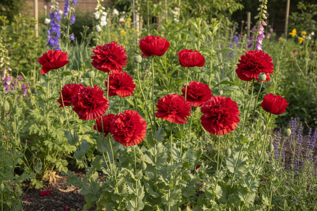 Red peony poppies growing in a cottage garden with open blooms, large seed pods and opening buds