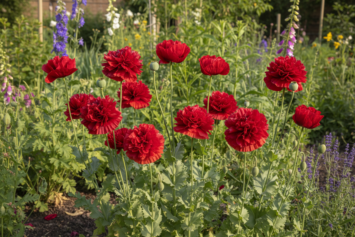 Red peony poppies growing in a cottage garden with open blooms, large seed pods and opening buds