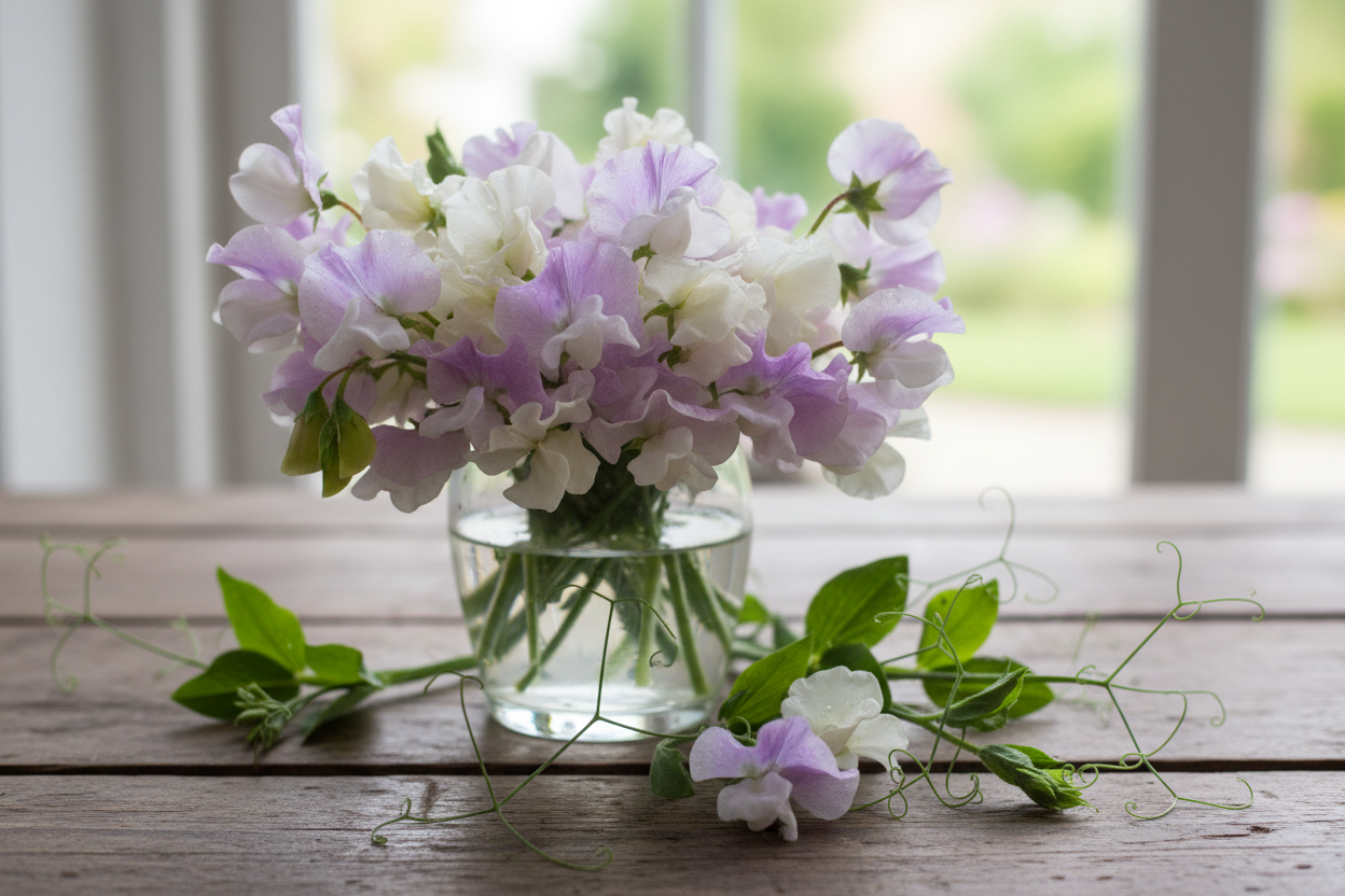 Sweet Pea Lilac and White — Lathyrus odoratus posy in a glass vase