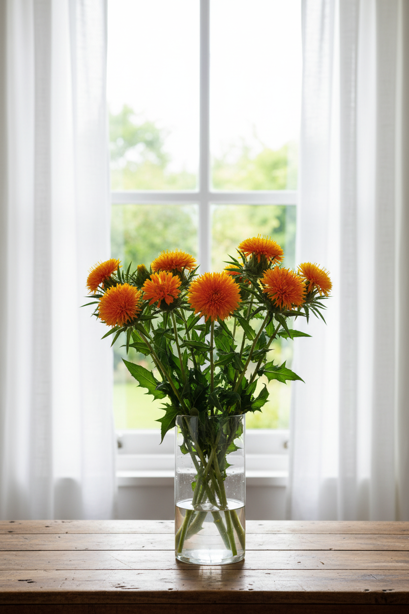 Carthamus tinctorius safflower cut flowers, 12 stems in a clear glass vase in front of a bright window with loose untied sheer curtains