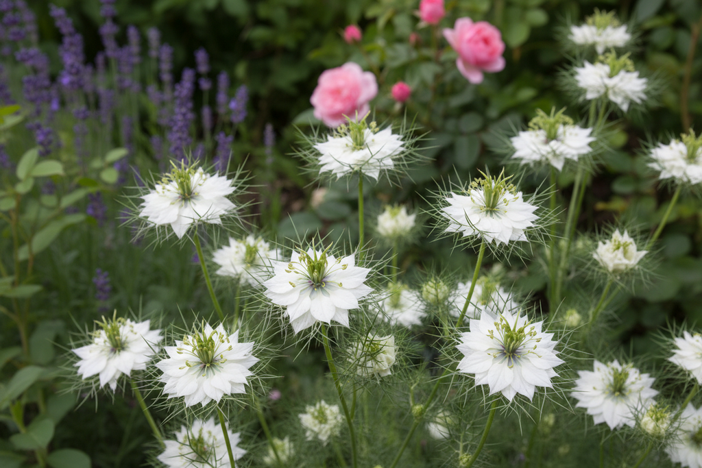 Nigella damascena white flowers with delicate lacy feathery bracts in a cottage garden