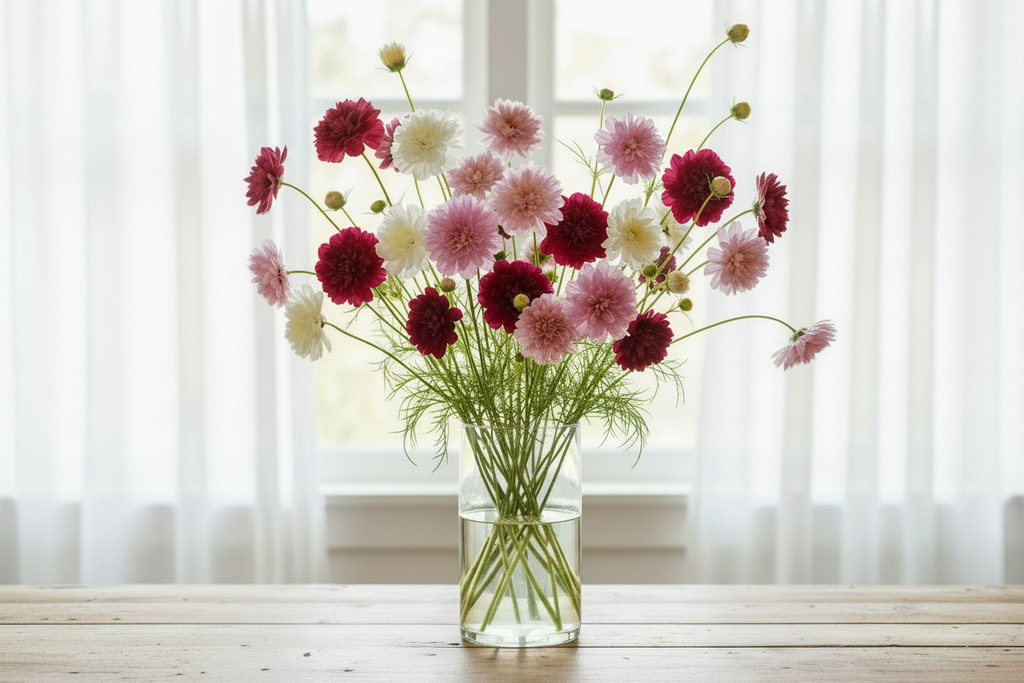 Cosmos bipinnatus Double Click Mix — double pompom blooms in crimson, pink and white with many buds scattered throughout in a clear glass vase in front of a window