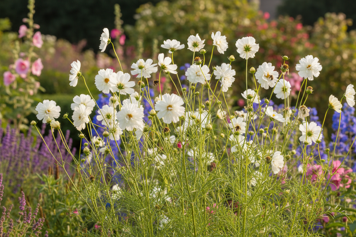 Cosmos bipinnatus Double White — airy clump of plants with pure white double ruffled blooms and buds growing in a cottage garden border