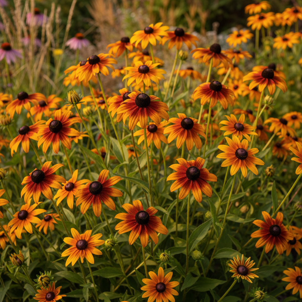 Rudbeckia hirta Autumn Tones — rich mix of mahogany, burnt orange, russet, bronze and golden-yellow daisy flowers with dark central cones