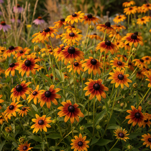 Rudbeckia hirta Autumn Tones — rich mix of mahogany, burnt orange, russet, bronze and golden-yellow daisy flowers with dark central cones