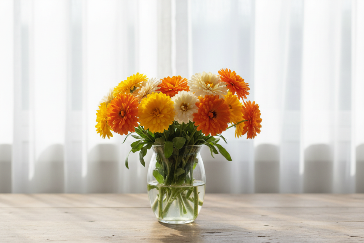 Dwarf calendula colour mix blooms in a glass vase on a wooden table in front of white sheer curtains