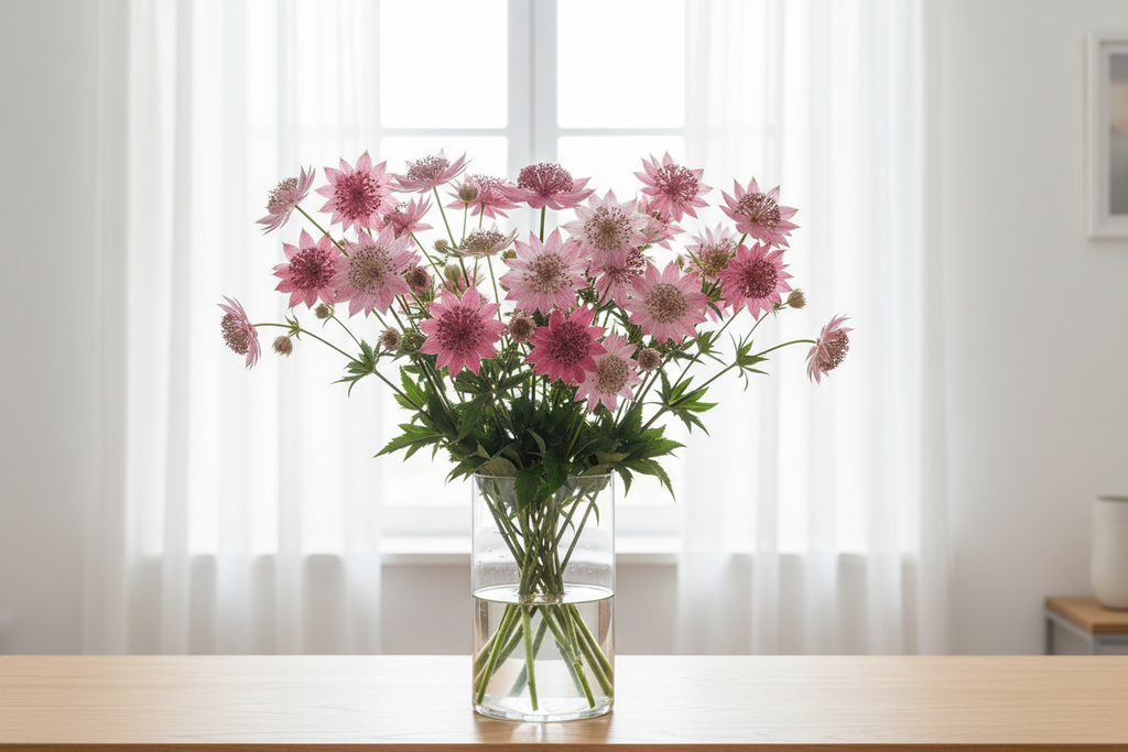 Astrantia major Rose Symphony — abundant bunch of deep rose-pink star-shaped pincushion blooms in a clear glass vase in front of bright white sheer curtains