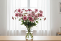 Astrantia major Rose Symphony — abundant bunch of deep rose-pink star-shaped pincushion blooms in a clear glass vase in front of bright white sheer curtains
