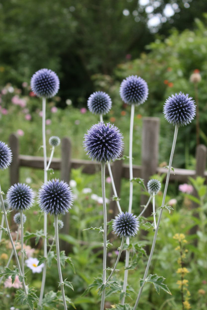Globe Thistle — Echinops ritro, perfectly round steel-blue spherical flower heads on silvery stems