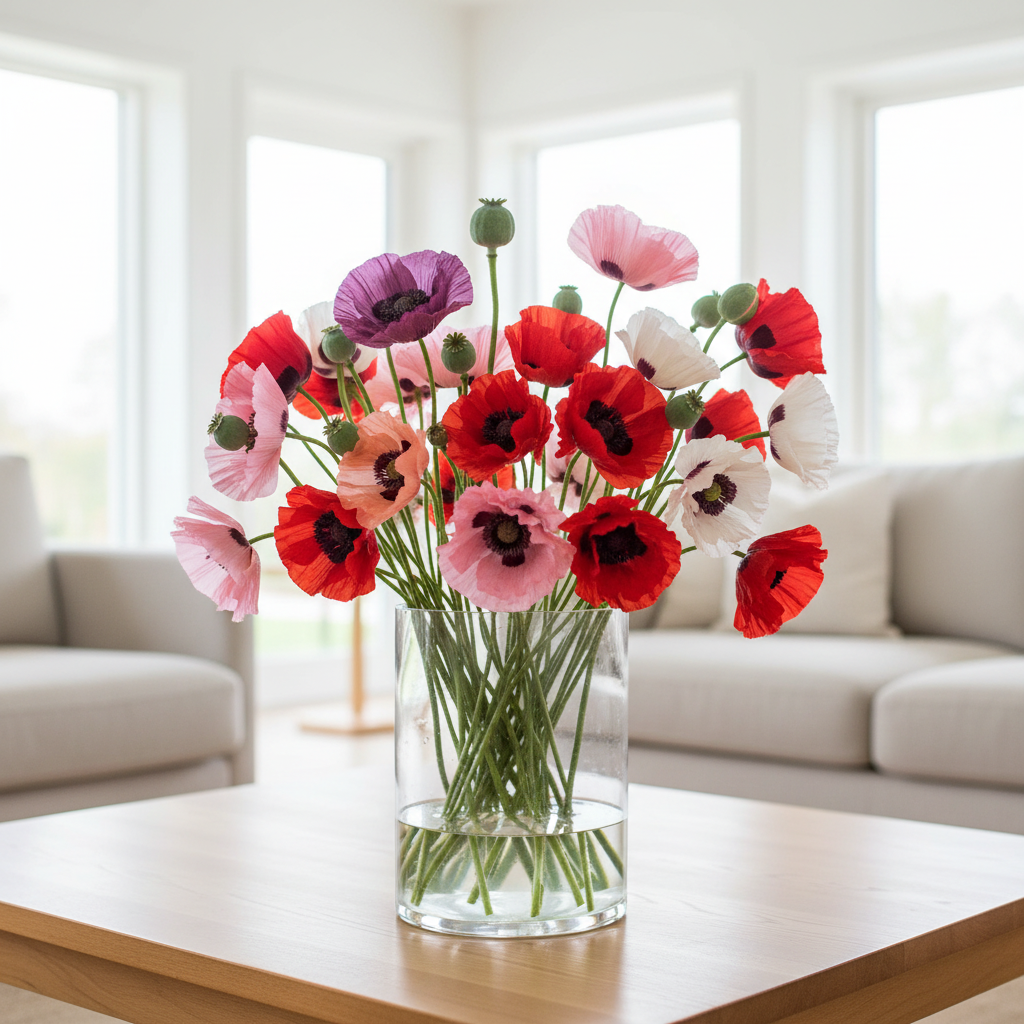 Mixed Papaver orientale Oriental poppies in a large glass vase on a coffee table in a bright lounge
