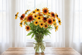 Rudbeckia hirta Autumn Tones flowers in golden yellow, burnt orange, russet and mahogany with dark centres, in a clear glass vase in bright natural light.