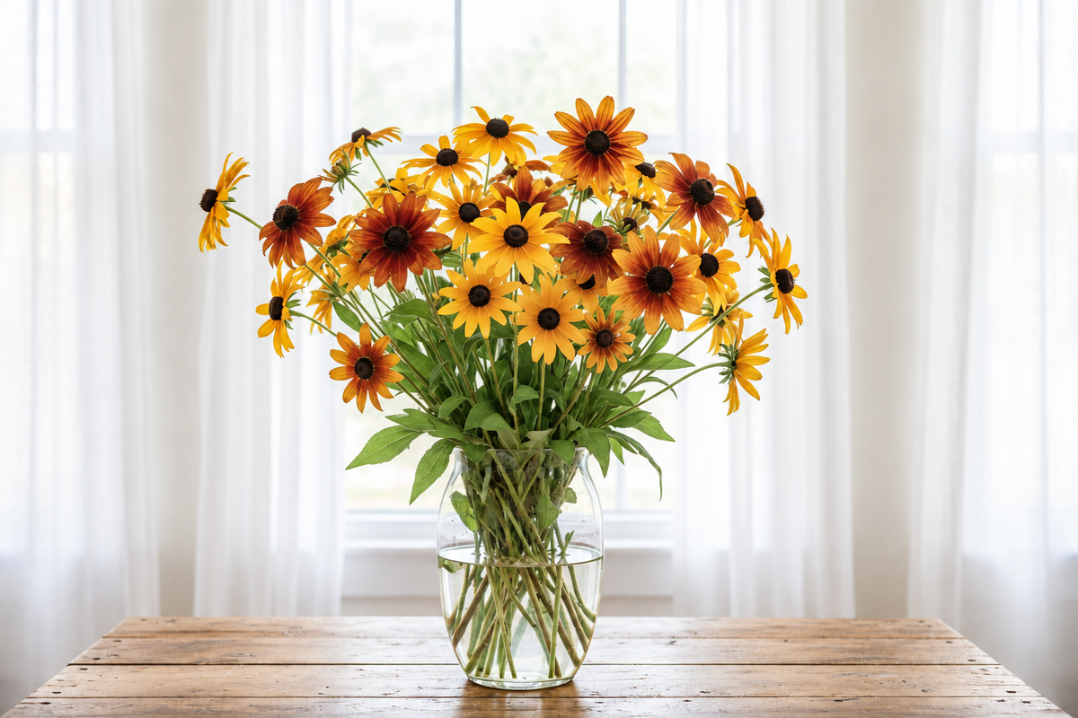 Rudbeckia hirta Autumn Tones flowers in golden yellow, burnt orange, russet and mahogany with dark centres, in a clear glass vase in bright natural light.